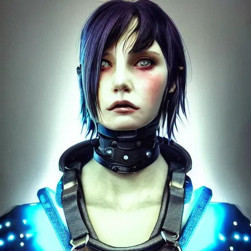 Image similar to detailed realistic female character cyberpunk wearing thick steel collar around neck, realistic, art, beautiful, 4K, collar, choker, collar around neck, punk, artstation, detailed, female, woman, choker, cyberpunk, neon, punk, collar, choker, collar around neck, thick collar, choker around neck, wearing choker, wearing collar, face, detailed face, neon makeup,