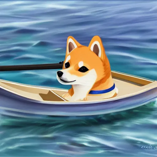 Image similar to a cute shiba inu whith a sailor hat steering a boat, endless sea, digital painting, 4 k, realistic