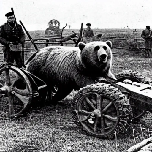 Image similar to a picture of a enormous bear pulling a towed canon on wheel behind him, eastern front, ww 2, historical picture