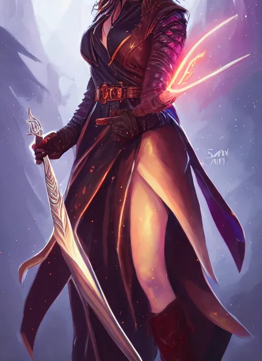 Prompt: portrait of a mix between wizard and rogue, female, shiny fire spell and dagger, leather robes, high fantasy, dnd, face details, extremely detailed, smooth, sharp focus, digital illustration, by artgem, rossdraws, sakimichan