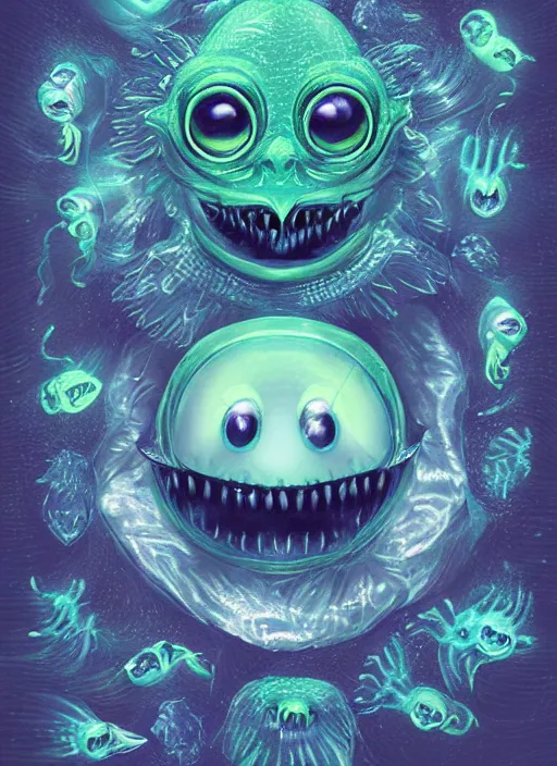 Prompt: plasticy kawaii portrait of a silly bashful squishy scifi saliva skeksis witch, painfully adorable, soft bioluminescent membranes, gushy gills and baleen, translucent skin shows cute skeletal details in front of inky black background, friendly, occult, gelatinous with wittle tiny teeth, artgerm