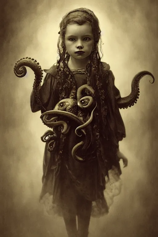 Image similar to wet plate photograph portrait of child with an octopus head, dressed in a victorian - era clothing, dramatic lighting, highly detailed, digital painting, artstation, concept art, smooth, sharp focus, illustration, art by wlop, mars ravelo and greg rutkowski