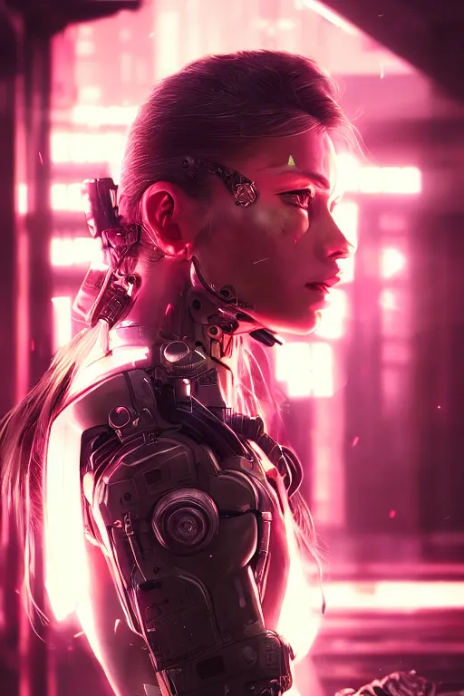 Image similar to beautiful portrait of a cyborg mercenary girl, art by wlop, liam wong, head and shoulders, cyberpunk, neon, intricate details, trending on artstation, sharp focus, caustics, octane render, radiant light, 4 k