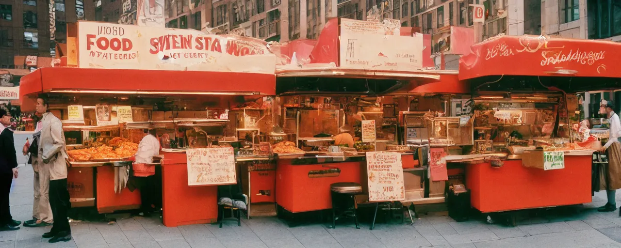 Image similar to food stand promoting spaghetti bowls, in downtown nyc, kodachrome, in the style of wes anderson, retro