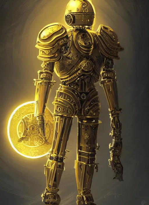 Image similar to full body, attack position abstract portrait of a intricate ornate holy mechanical warforged with circular glowing eye, character in yellow armor holding a paladin engraved great longsword drawn and carrying a big paladin shield, vertically flat head, face in focus, pit droid, epic , trending on ArtStation, masterpiece, cinematic lighting, by Ross Tran and by Greg Rutkowski