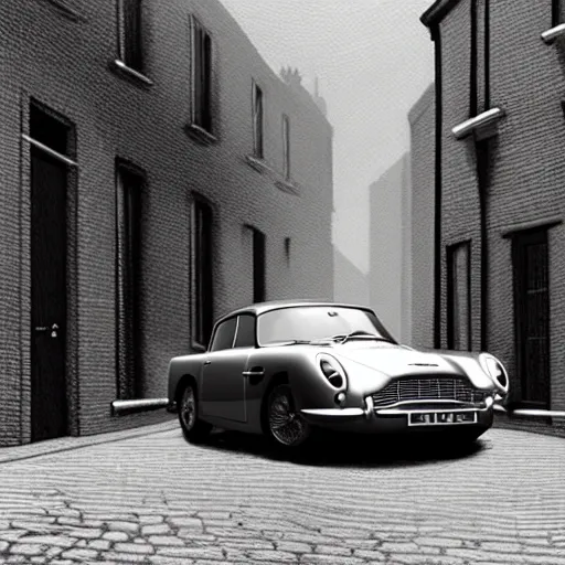 Prompt: a pencil sketch of anaston martin db 5, in a rich london mews residential street, medium range, studio ghibli, ( pixar ) and disney animation, sharp, very detailed, unreal engine 5 render, bloom, high resolution, anime key art by greg rutkowski