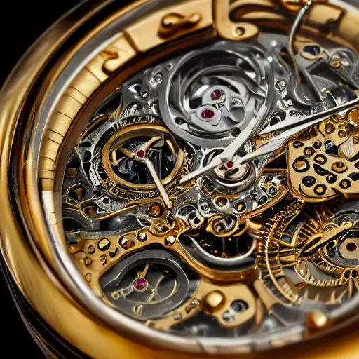 Prompt: a macro photo of a gold and silver mechanical wristwatch, close - up, intricately detailed engravings, intricately detailed markings, intricate textures, warm lighting, vivid colors, realistic octane render, hyper realistic render, volumetric shading, depth of field, raytracing, 8 k,