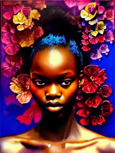 Image similar to double exposure portrait of duckie thot with a floral background : : painted by artgerm, karol bak, artur bordalo, sandra chevrier : : portrait, character, illustration, hyperrealism, photorealism,