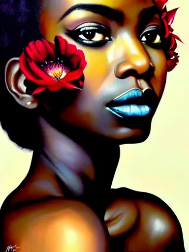 Image similar to portrait of a beautiful black woman with a floral background : : painted by artgerm, karol bak, artur bordalo, sandra chevrier : : portrait, character, illustration, hyperrealism, photorealism