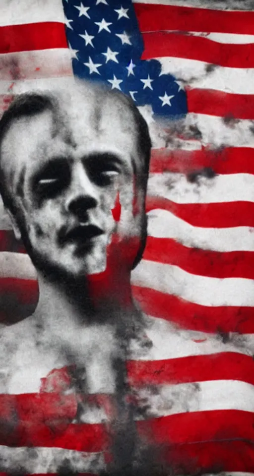 Image similar to ghost emerging from a politician, american flag, jesus christ crying in the background, lomo