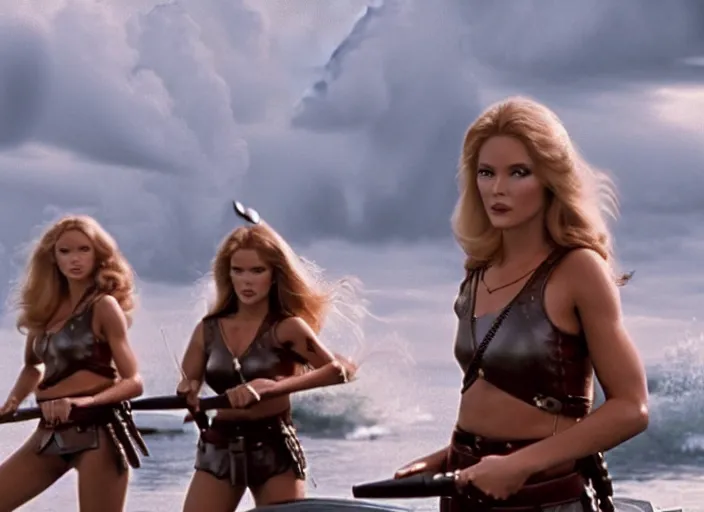 Image similar to film still charlie's angels ( 1 9 7 6 ) as a viking women with weapons riding on a jet skis, wearing skin - tight futuristic valkerie bikinis, rough seas in background, lightning storms, water world, mad max, hyper - realistic, highly detailed, accurate, 8 k octane render, 2 8 mm, wide angle, rule of thirds