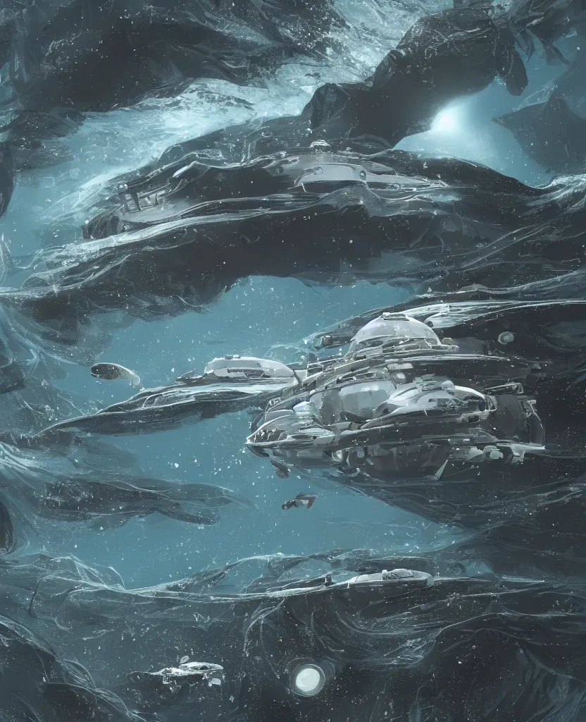 Image similar to white disc - shaped spacecraft submarine, fusion of subnautica and star trek, flying through a spectacular exotic underwater kelp forest canyon, schools of fish, in the style of john eaves ron walotsky ralph mcquarrie, soft natural volumetric lighting, realistic 4 k unreal engine 5 beautifully detailed render, 4 k post processing, trending on artstation