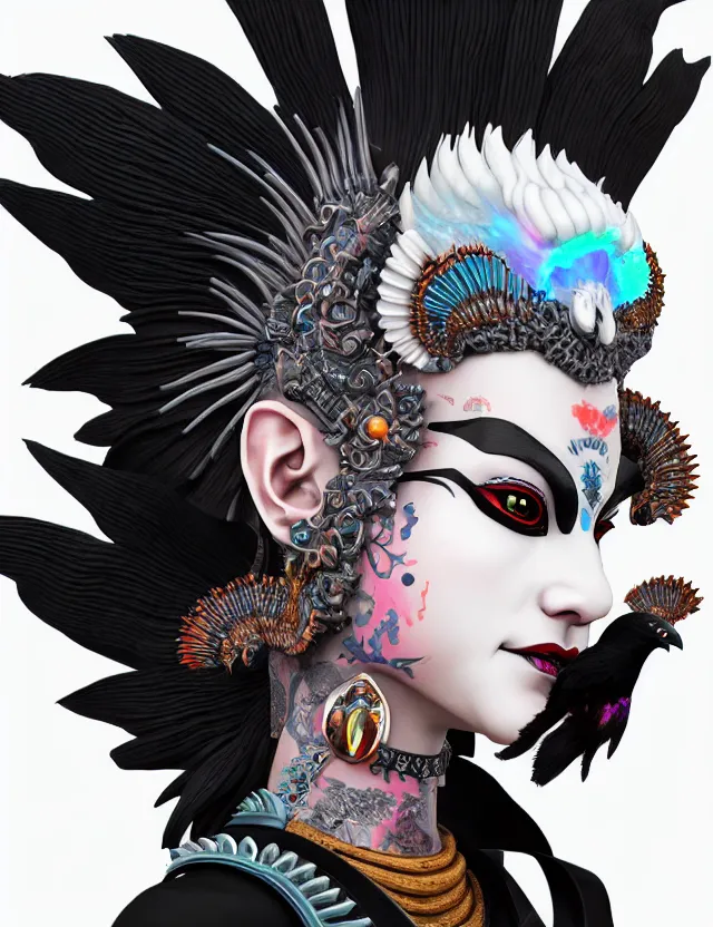 Image similar to 3 d goddess close - up profile portrait punk with mohawk with ram skull. beautiful intricately detailed japanese crow kitsune mask and clasical japanese kimono. betta fish, jellyfish phoenix, bio luminescent, plasma, ice, water, wind, creature, artwork by tooth wu and wlop and beeple and greg rutkowski