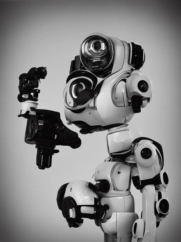 Image similar to “A perfectly centered beautiful 90mm black and white portrait photo of a retro-futuristic robot in Los Angeles, medium format photography, shallow depth of field”