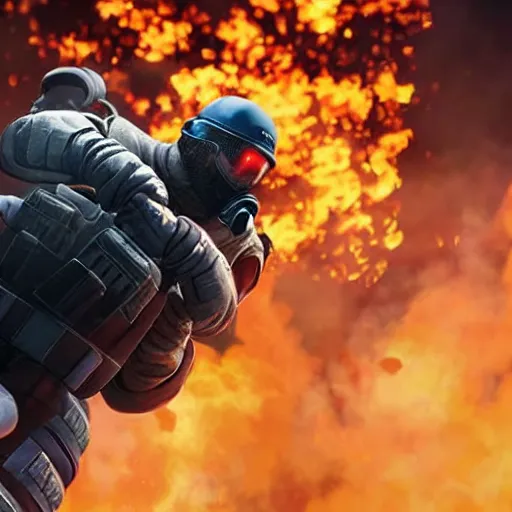 Image similar to Montagne from Rainbow Six Siege riding a hoverboard leaving behind a trail of flames and explosions