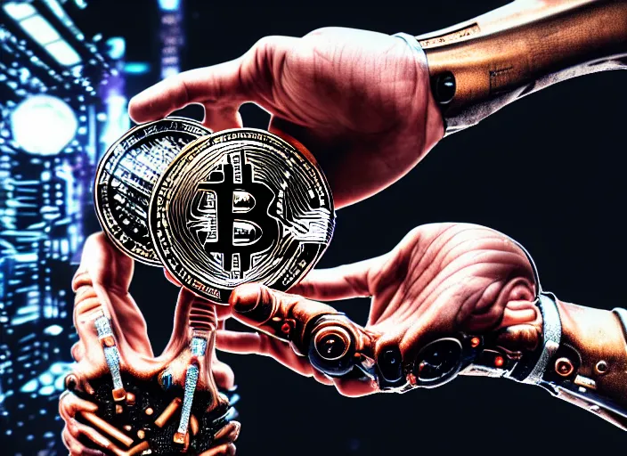 Prompt: mechanical terminator hand holding a bitcoin between two fingers. centered. horror cyberpunk dystopia style. highly detailed 8 k. intricate. nikon d 8 5 0 3 5 mm. award winning photography.