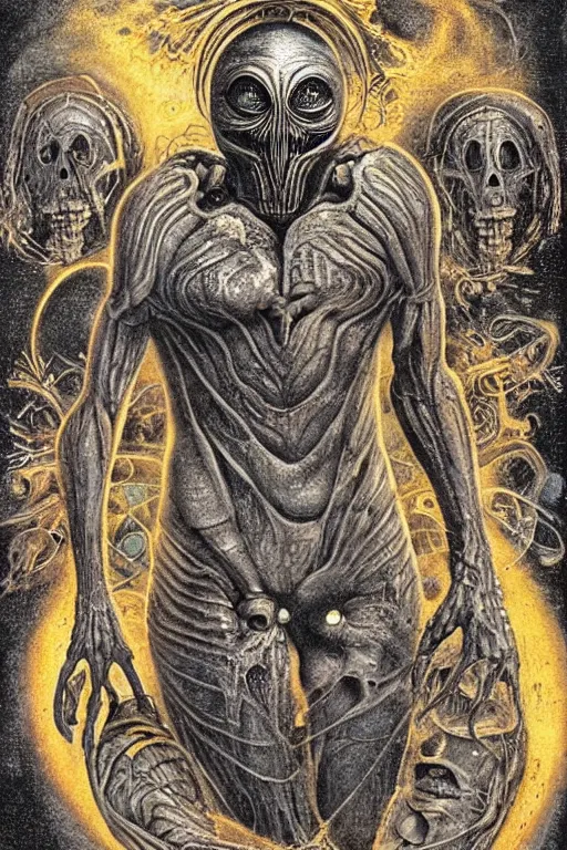 Prompt: un monstruo alienígena cósmico con símbolos incrustados increíblemente detallados , iluminación global , obras premiadas de H. R. Giger, Ernst Haeckel, Beto Val, Simon Holmedal, Silent Hill, acid color palette, impresión de alta calidad, bellas artes con sutil renderizado de desplazamiento al rojo