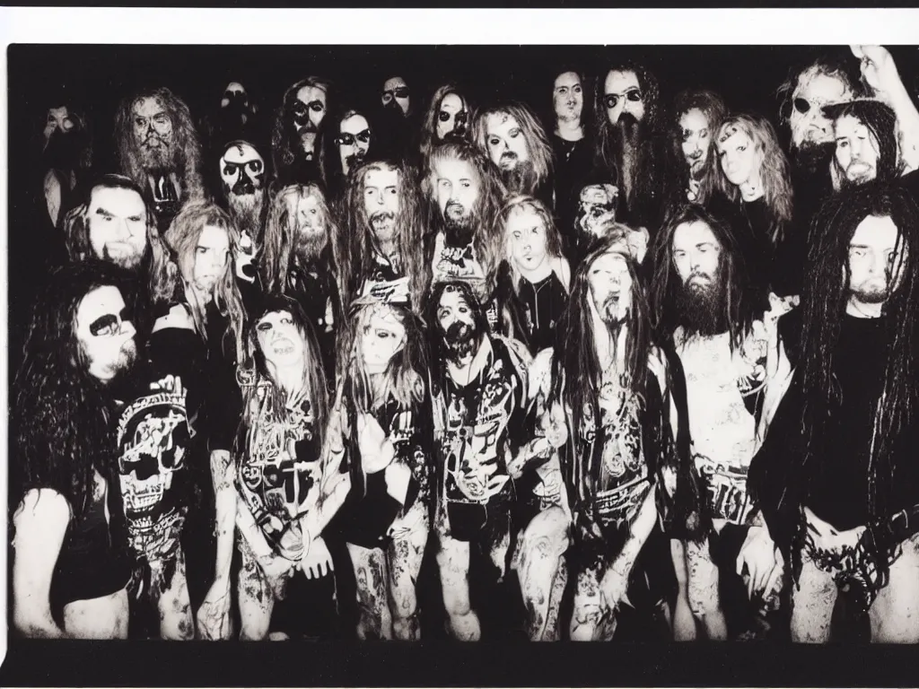 Prompt: 80s polaroid colour flash photograph of Rob Zombie concert