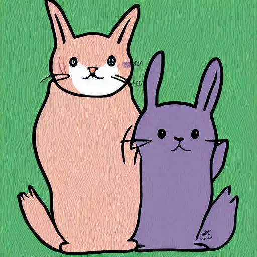Prompt: a cat and a rabbit hugging, cartoon, digital art