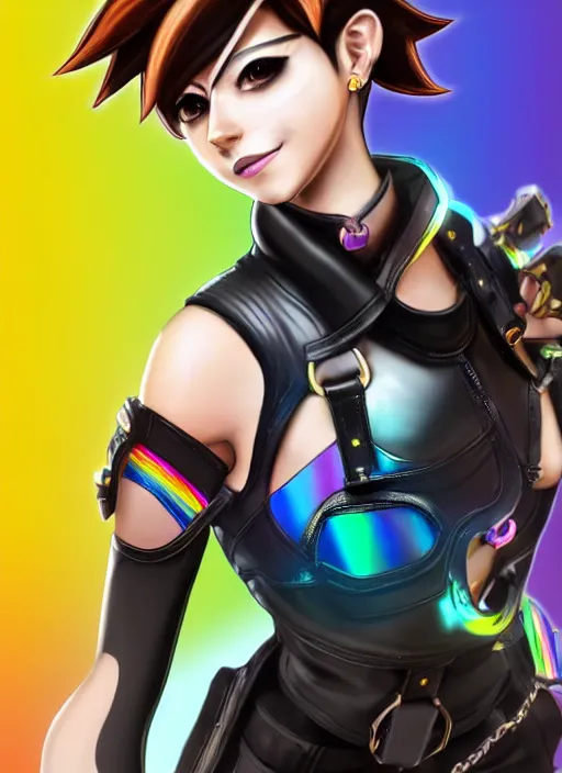 Image similar to full body digital artwork of tracer overwatch, wearing black iridescent rainbow latex tank top, 4 k, expressive happy smug expression, makeup, in style of mark arian, wearing detailed black leather collar, wearing chains, black leather harness, leather cuffs around wrists, detailed face and eyes,