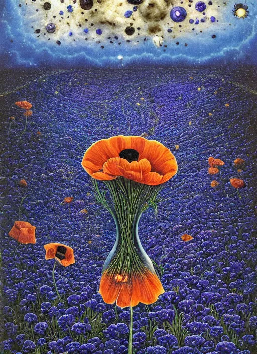 Image similar to detailed, intricate blue black and purple papaverum flower on the field, nebula, galaxy in the sky, winning award masterpiece, fantastically beautiful, illustration, aestheticly inspired, jacek yerka, upscale with anguissola sofonisba work, artstation, 8 k