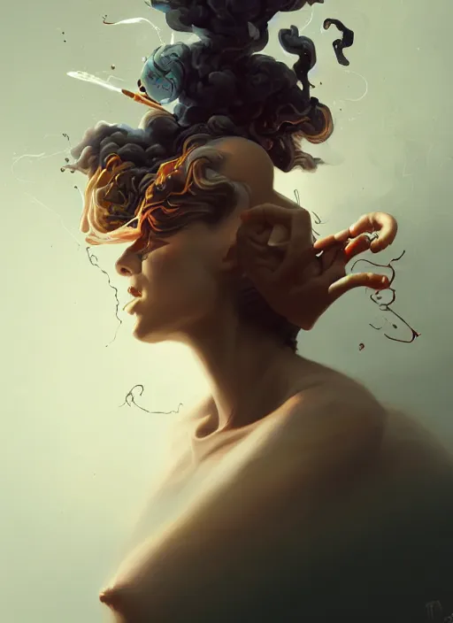 Prompt: woman exploding to smoke, backround dark, highly detailed, digital illustration, trending in artstation, modern painting, smooth, sharp focus, intricate, by peter mohrbacher