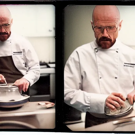 Prompt: 35mm polaroid of walter white cooking, photography
