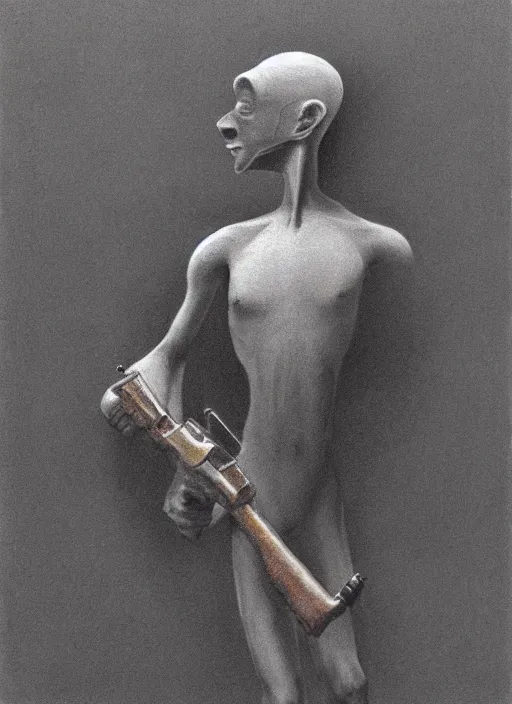 Image similar to unggoy holding gun, in the style of zdzisław beksinski