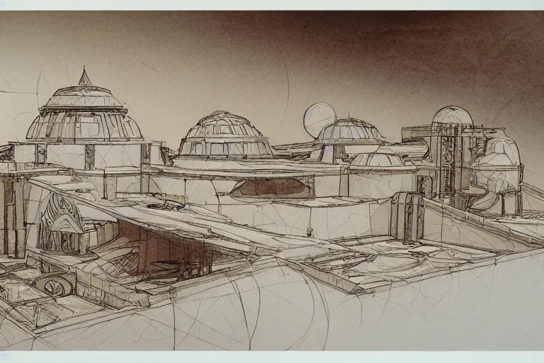 Image similar to desert palace concept sketch by joe johnston and nilo rodis - jamero and ralph mcquarrie and norman reynolds