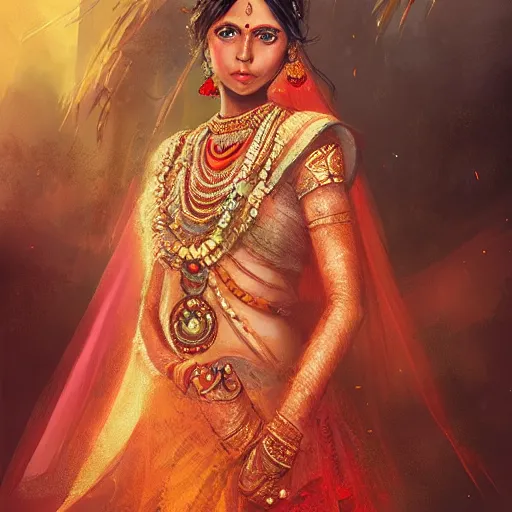 Image similar to portrait of Beautiful indian bride , full of details, matte painting, concept art, smooth, by Jordan Grimmer and WLOP，trending on artstation