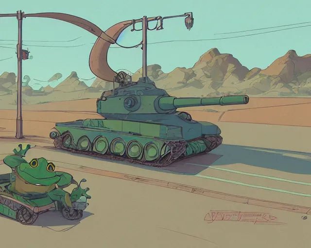 Image similar to a study of cell shaded cartoon of a frog driving a tank on a desert road, street lamps, road, illustration, wide shot, subtle colors, post grunge, concept art by josan gonzales and wlop, by james jean, victo ngai, highly detailed, sharp focus, trending on artstation, hq, deviantart, art by artgem