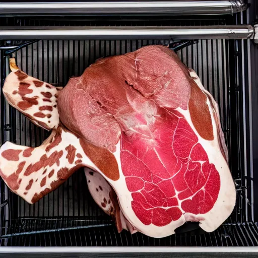 Prompt: an entire cow in the fridge ready to be grilled on a bbq