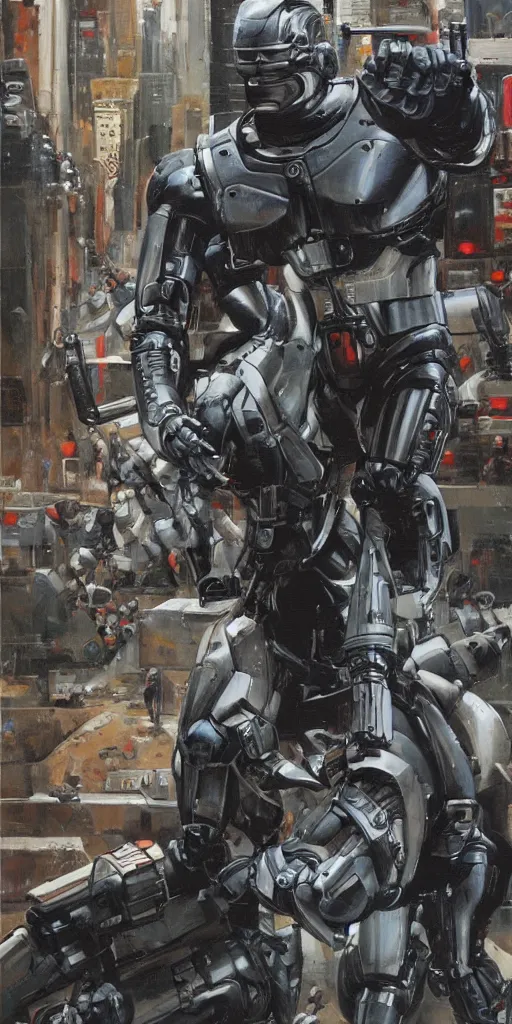 Image similar to oil painting scene from Robocop movie art by kim jung gi