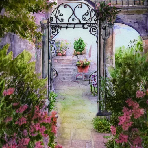 Image similar to delicate, chairs, globes, garden, paved, botanic watercolors, iridescent, 8 k, realistic shaded, fine details, artstation, italian, iron gate, tree, mediterranean