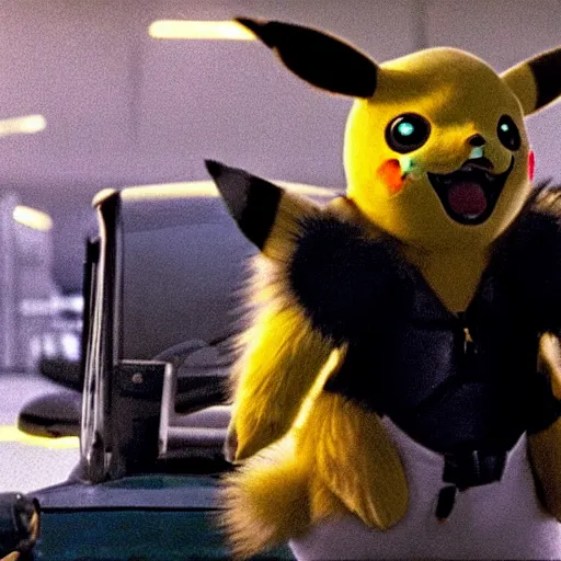 Image similar to Jack Nicholson plays Terminato and is Pikachu, yellow fur explodes