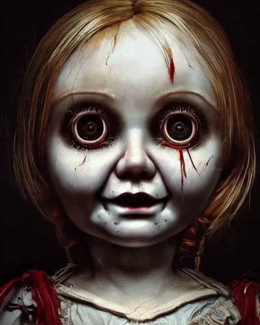 Image similar to annabelle doll, hyper realistic face, horror, fantasy art, in the style of greg rutkowski, intricate, hyper detailed