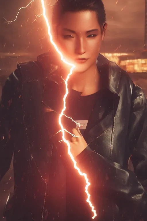 Image similar to woman with lightning in his hands flying several meters above the ground with his arms crossed and with a long jacket, cyberpunk, realistic, high definition, many details, symmetrical face, realistic eyes, unreal engine art 5