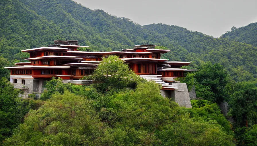 Prompt: tibetan architecture villa, on a green hill, overlooking a valley with trees, frank lloyd wright, le corbeusier, photorealistic, birds eye view