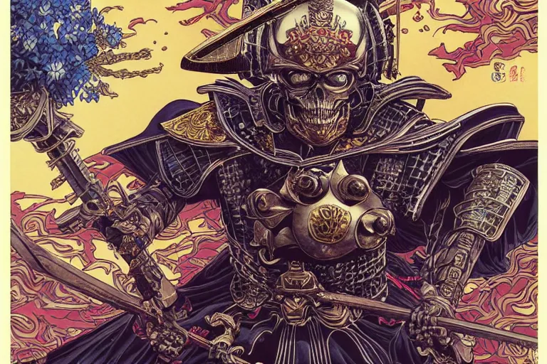 Prompt: poster of a skeletor samurai with japanese armor and helmet, by yoichi hatakenaka, masamune shirow, josan gonzales and dan mumford, ayami kojima, takato yamamoto, barclay shaw, karol bak, yukito kishiro