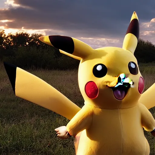 Prompt: photo of a realistic pikachu, golden hour