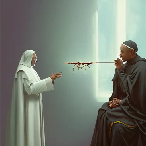 Image similar to highly detailed vfx portrait of dark - skinned nun casting spell on the pope, stephen bliss, greg rutkowski, loish, rhads, beeple, makoto shinkai, tom bagshaw, alphonse mucha, sharp focus, art by artgerm and greg rutkowski, stanley kubrick, backlit, harsh overhead sunlight,