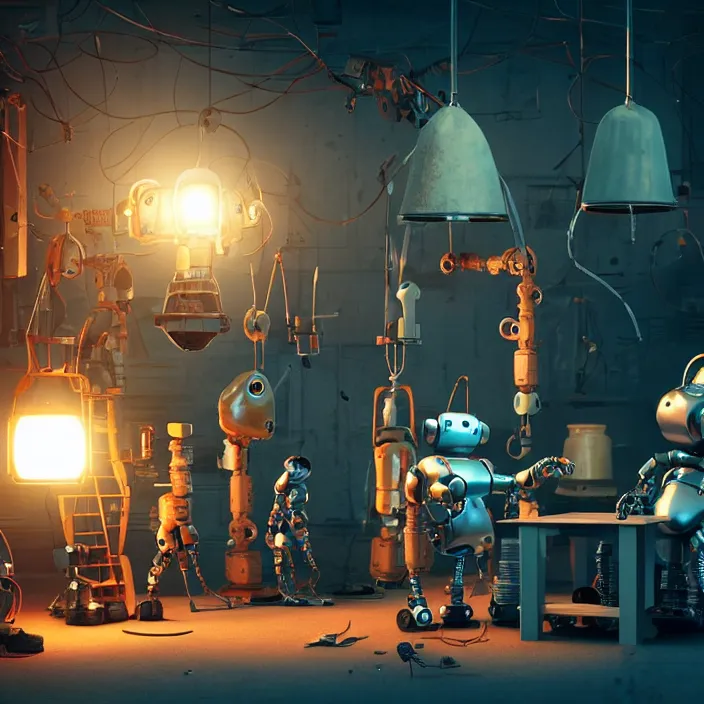 Prompt: crew of robot workers building giant mouse movie prop head in quaint workshop, octane render, 4 k ultra hd, hyper - detailed, realistic, seedy lighting, sharp focus, in style of beeple