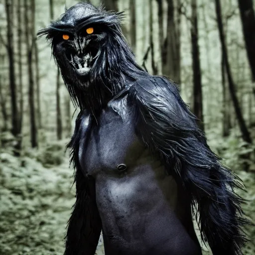 Image similar to werecreature consisting of male human and crow, photograph captured in a forest