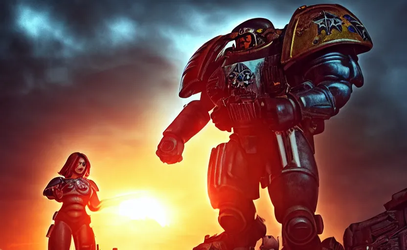 Image similar to gritty comic book cover, beautiful woman! space marine! standing atop rise, sunset lighting, war silhouette in background, hyper realism, realistic shading, cinematic composition, blender render, octane render, hdr, detailed textures, photorealistic, ultrawide shot, 1 6 mm lens