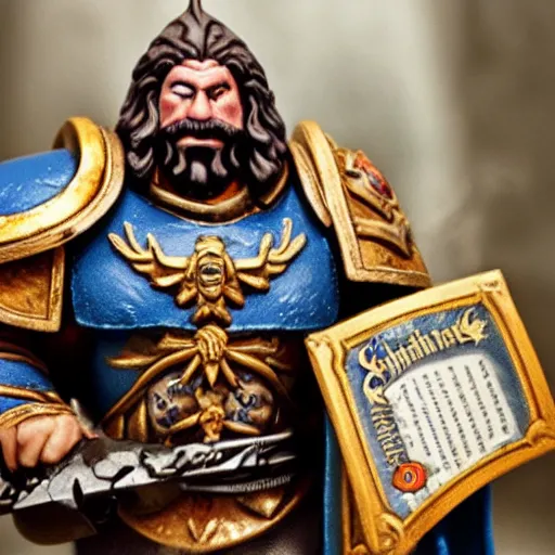 Image similar to Warhammer, Thorgrim Grudgebearer holding up his book of grudges