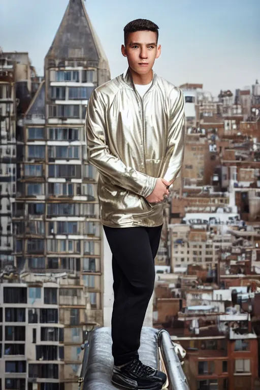 Image similar to un ultra high definition studio quality photographic art portrait of a young man standing on the rooftop of a british apartment building wearing soft padded silver pearlescent clothing. three point light. extremely detailed. golden ratio, ray tracing, volumetric light, shallow depth of field. set dressed.