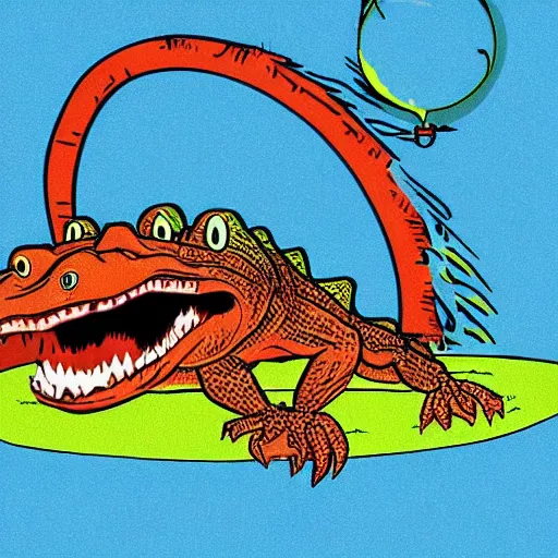Prompt: mutant gator surfing the orbit of the earth in the style of a 1980's action movie.