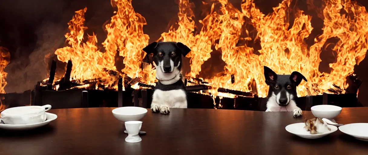 Image similar to a photograph (flash on) of a single anthropomorphic dog sitting on a chair at a dinner table (no fire at all there), very relaxed, surrounded by flames, cup of coffee on the table, huge fire on this dining room in the background, a lot of flames behind the dog, black smoke instead of the ceiling, no watermark