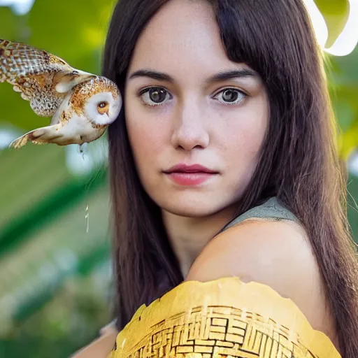 Prompt: portrait photograph of beautiful!!!! young female , symmetric face!, symmetric eyes, slight smile, natural light, wearing a yellow kimono!! with a very detailed barn owl! on her shoulder in a tropical greenhouse. looking at the camera!!. golden crown made of golden leaves. super resolution. Extremely detailed. Graflex camera!, bokeh!!!!!.