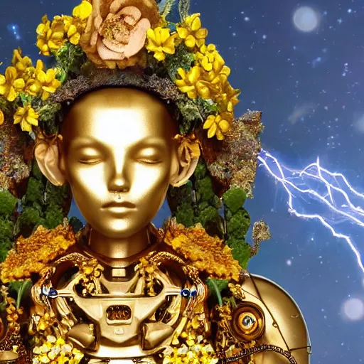 Image similar to close up portrait of a sairose Ronan cyborg with golden jewellery and flowers growing out of its head, photograph